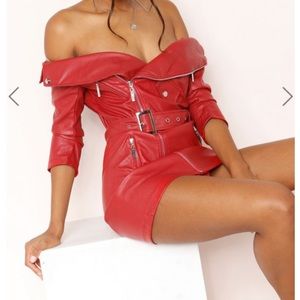 Red faux leather dress